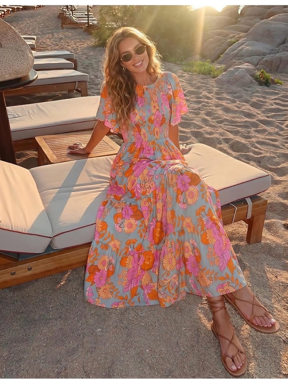 Floral Ruffle Sleeve Maxi Dress in Pink and Orange